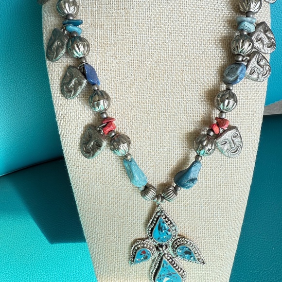 Angel Turquoise Angel Cross Pendant Necklace with Pewter Mask Beads - Picture 4 of 8